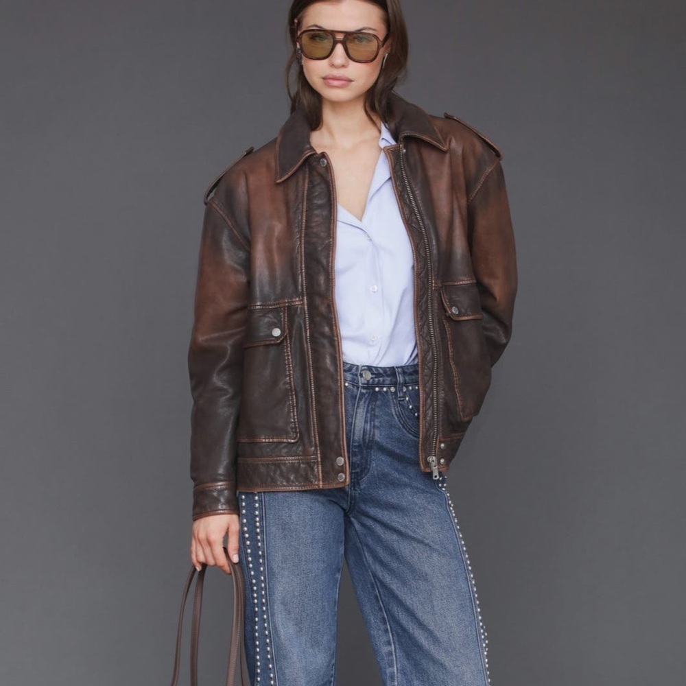 Avec Les Filles Burnished Brown Leather Bomber Jacket Oversized Large - Picture 2 of 12